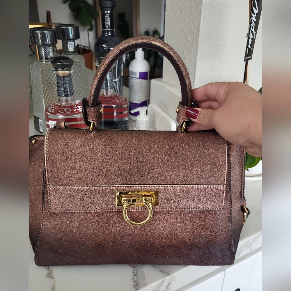 Salvatore Ferragamo Giancini SOFIA Calf Hair Leather Satchel Bag